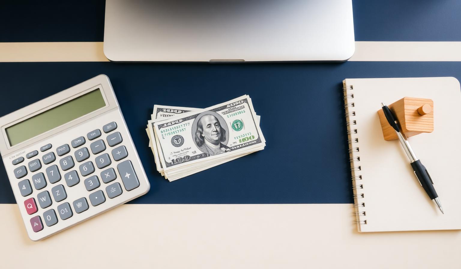 Calculator, cash, and small house model on a desk