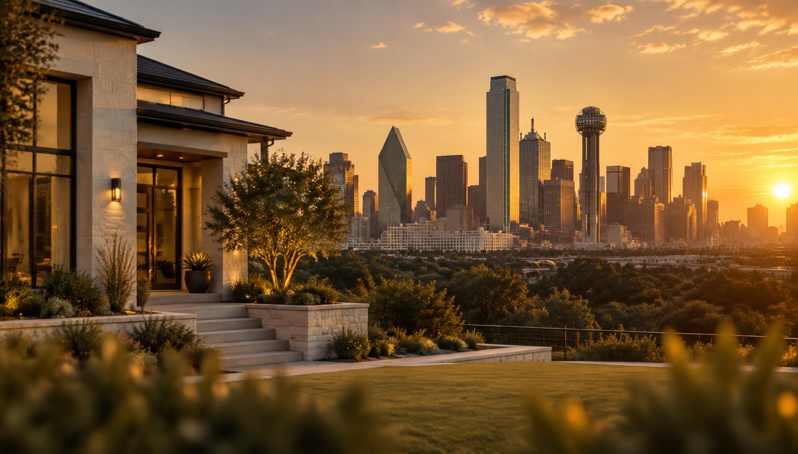 Dallas, Texas skyline at golden hour with a modern home in the foreground
